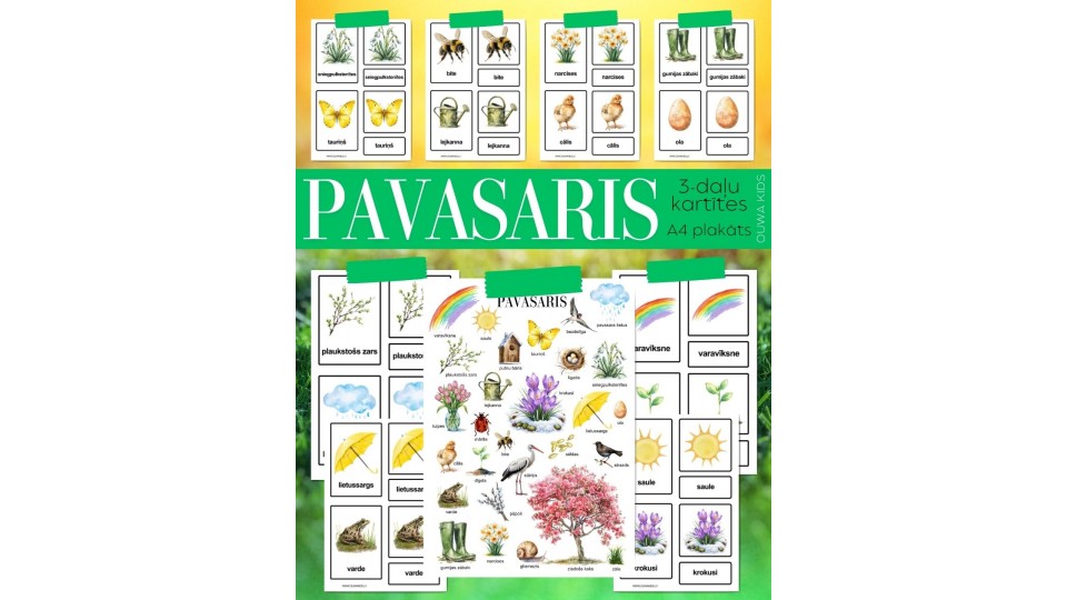 PAVASARIS, PLAKĀTS UN 3-DAĻU KARTĪTES, ATGĀDNES, DIGITĀLS MATERIĀLS - OUWAKIDS